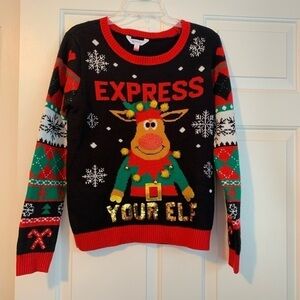 Ugly Holiday Christmas Sweater Express Your Elf Sequin Funny Sweater Juniors Lg